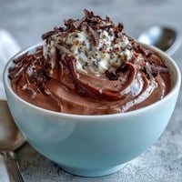 Silky chocolate mousse made with creamy cottage cheese, topped with fresh berries and shaved dark chocolate for a high-protein dessert.  