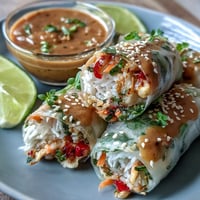Crispy spring rolls filled with fresh vegetables and vermicelli, served with creamy peanut dipping sauce.