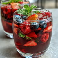 Vibrant iced hibiscus berry tea with fresh fruit, perfect for a refreshing summer drink.